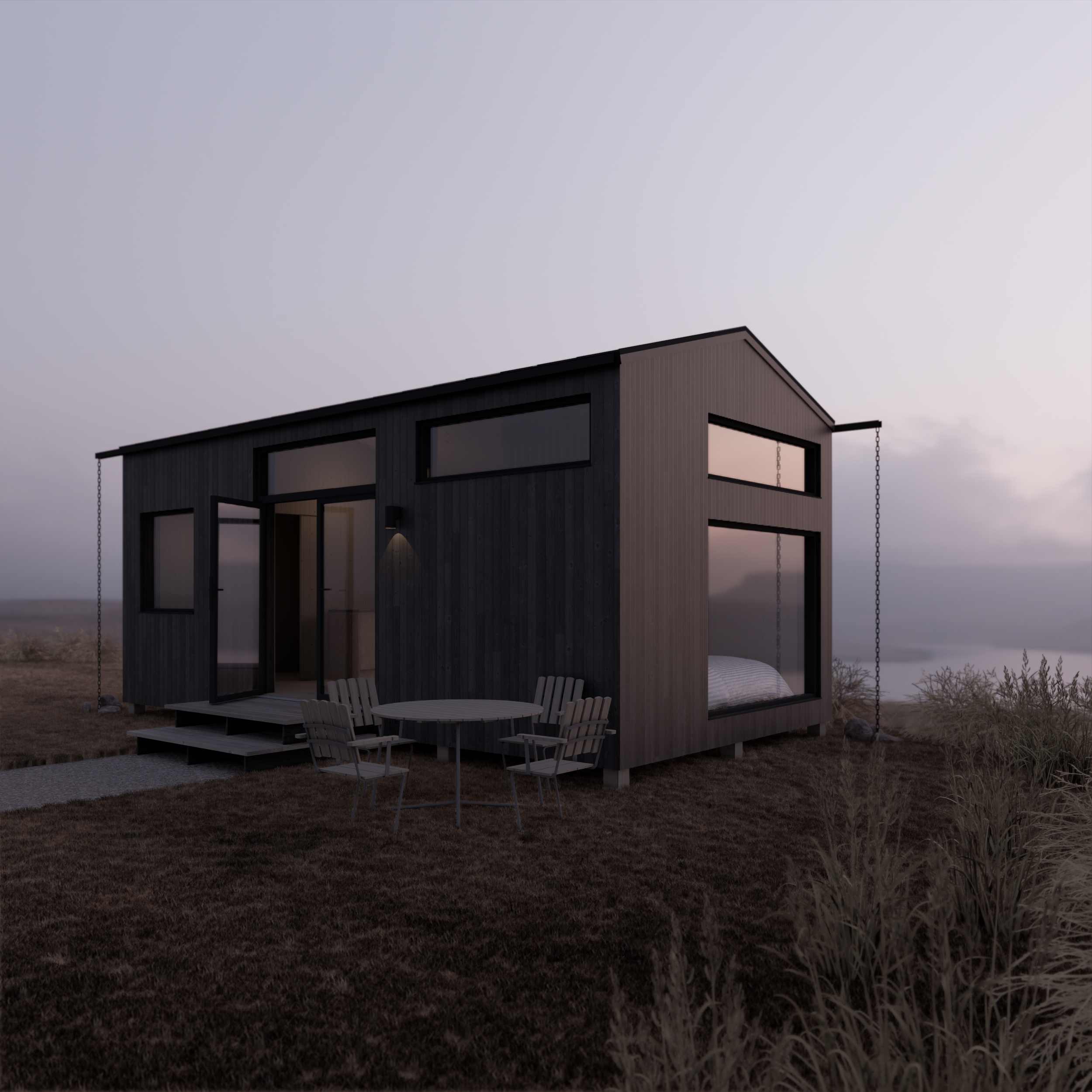 30 sqm compact timber house with sleeping loft, dark timber cladding and large windows connecting the interior to nature.
