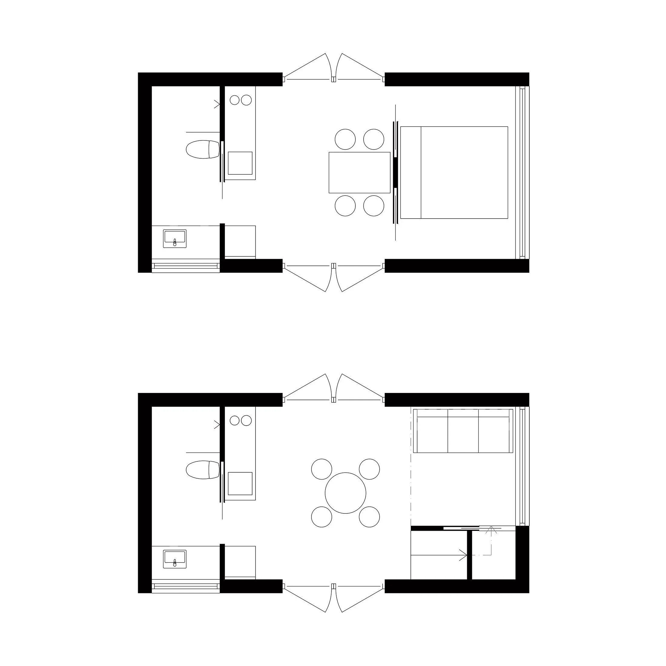Floor plans of the 30 sqm House showing compact layouts with and without a sleeping loft.