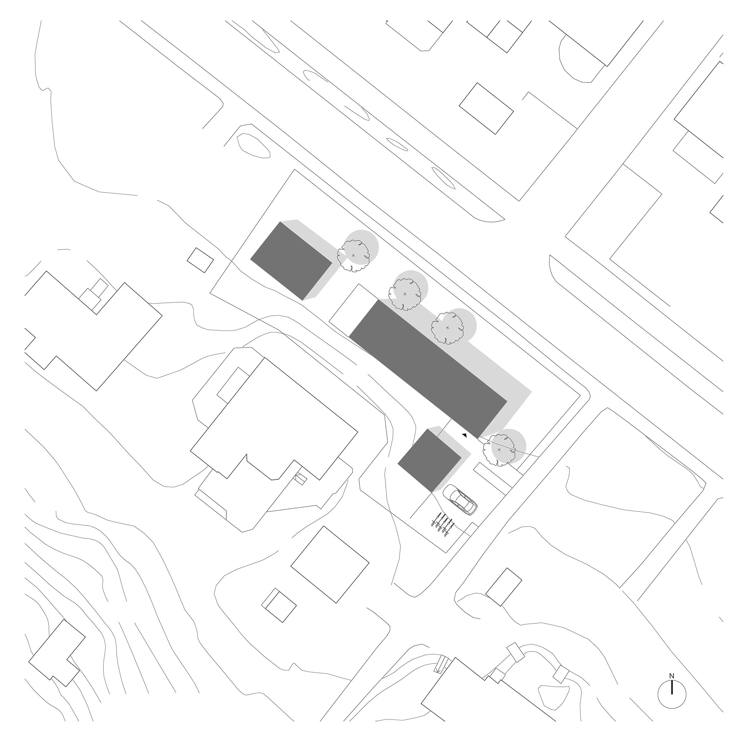 Site plan showing Narrow House, guest house and garage arranged along the long, narrow residential plot.