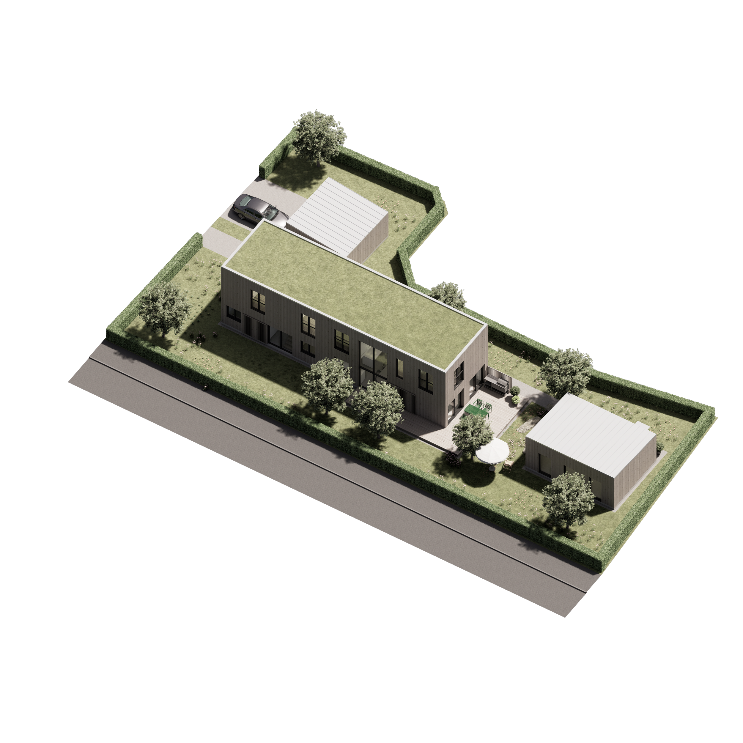 Axonometric view of Narrow House showing the elongated family home, guest house, garage and sheltered terrace.