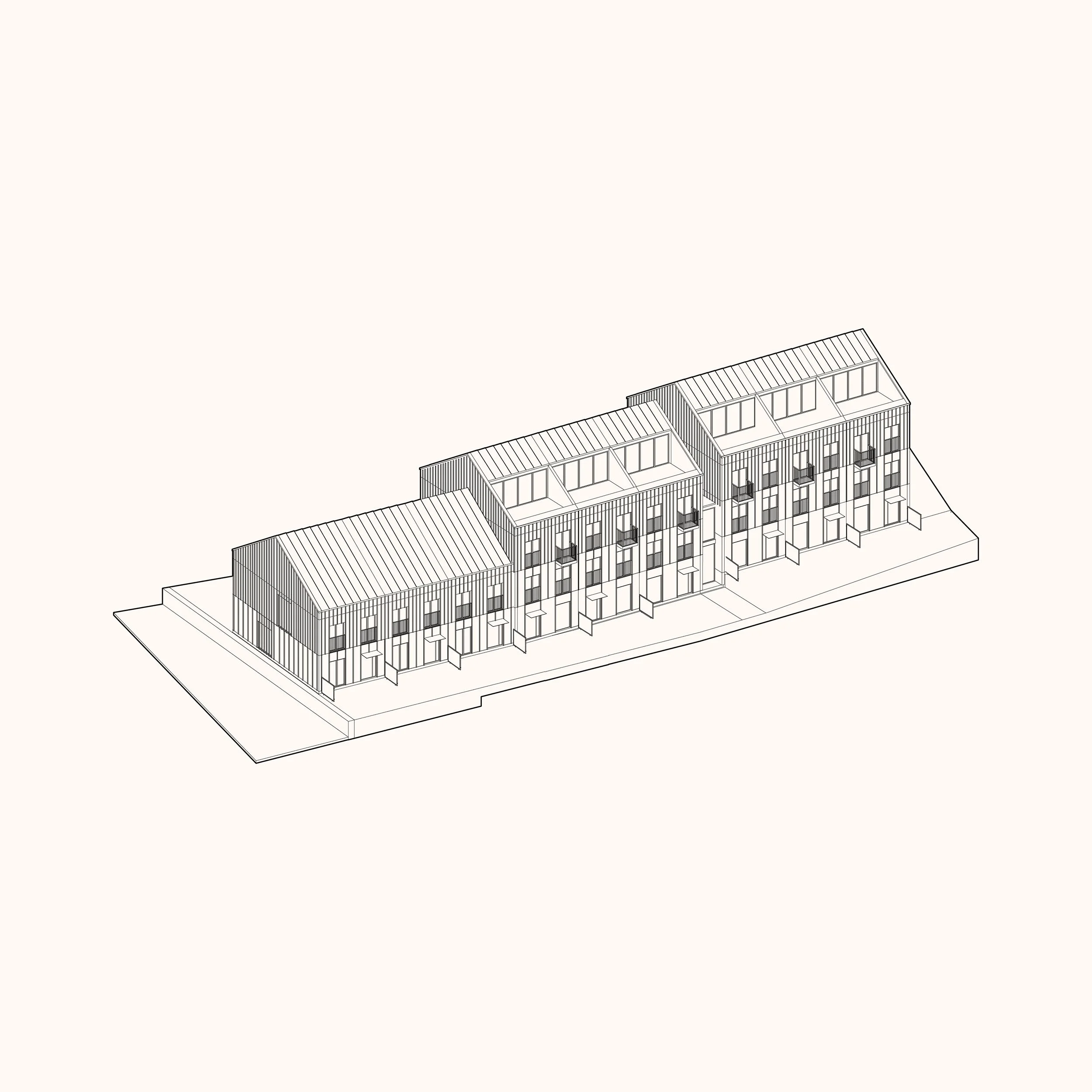 Axonometry three houses volumes line drawing