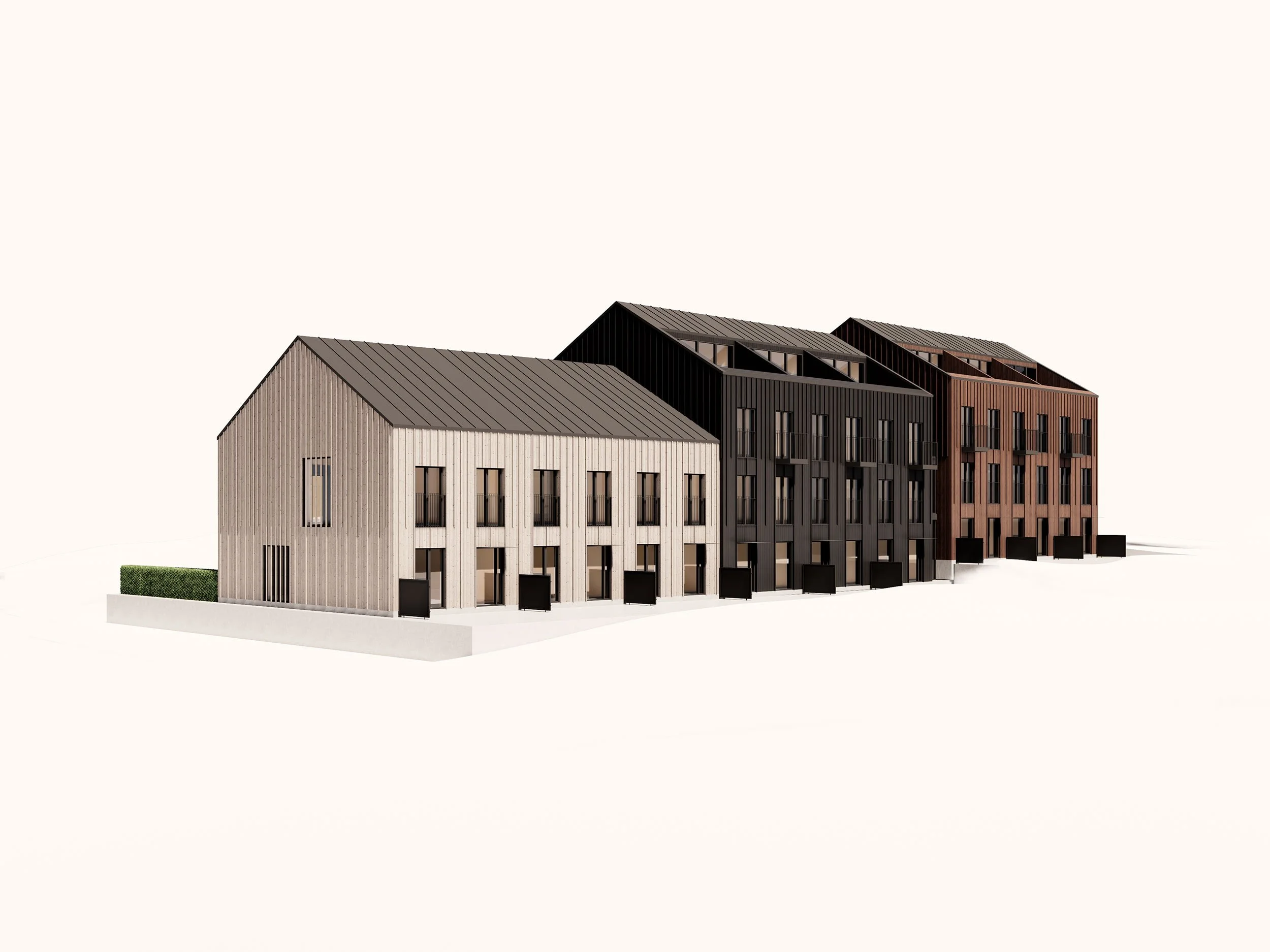 Perspective view render three wooden townhouses
