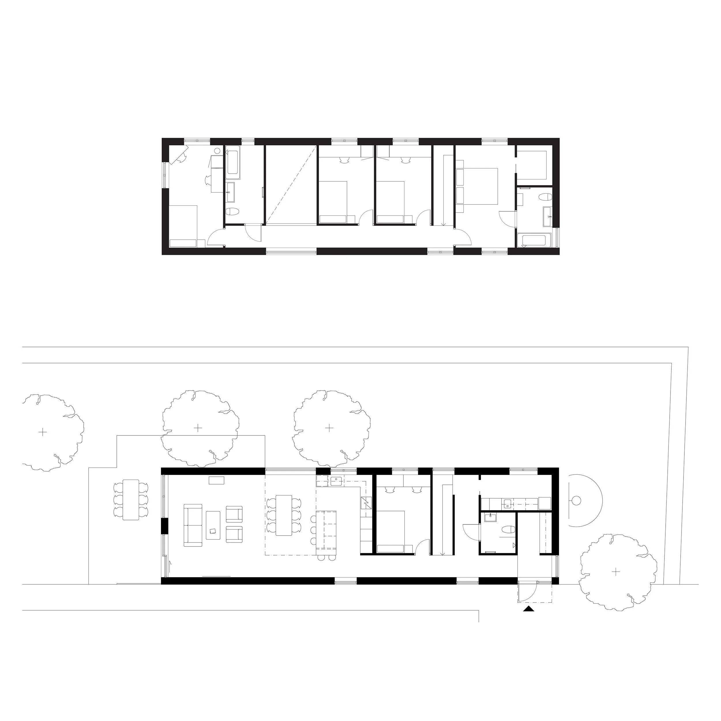 Floor plan of Narrow House showing the linear layout, family living spaces and double-height dining area.