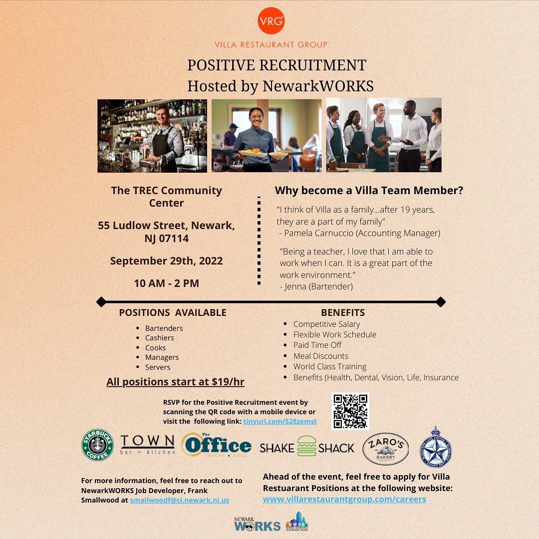 EMPLOYMENT AT THE AIRPORT @newarkworks_ is partnering with Villa Restaurant Group to host a Positive Recruitment Event on September 29 at the TREC. This general opportunity is open to residents 18 years of age plus! Please visit the link in our bio t