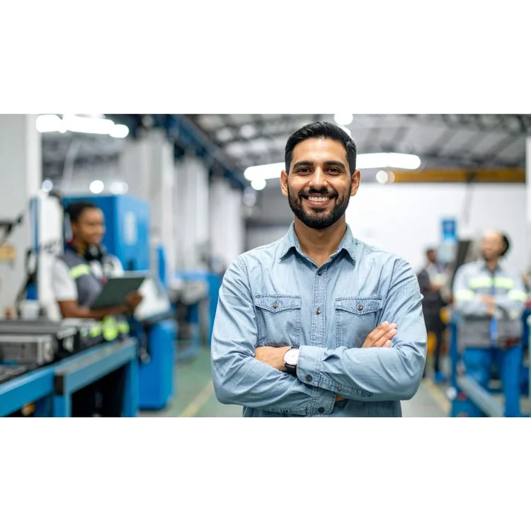 Leader standing in front of equipment and team members