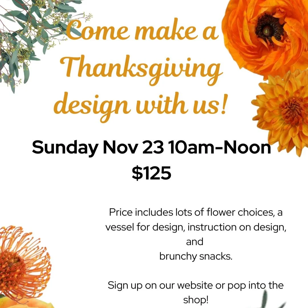 Come make a Thanksgiving flower design with us on Sunday, Nov 23. We'll have lots of blooms to choose from, a couple of different vase styles to pick, and Brunchy snacks from @gracebespokedesserts . We'll give you instructions on design technique so 