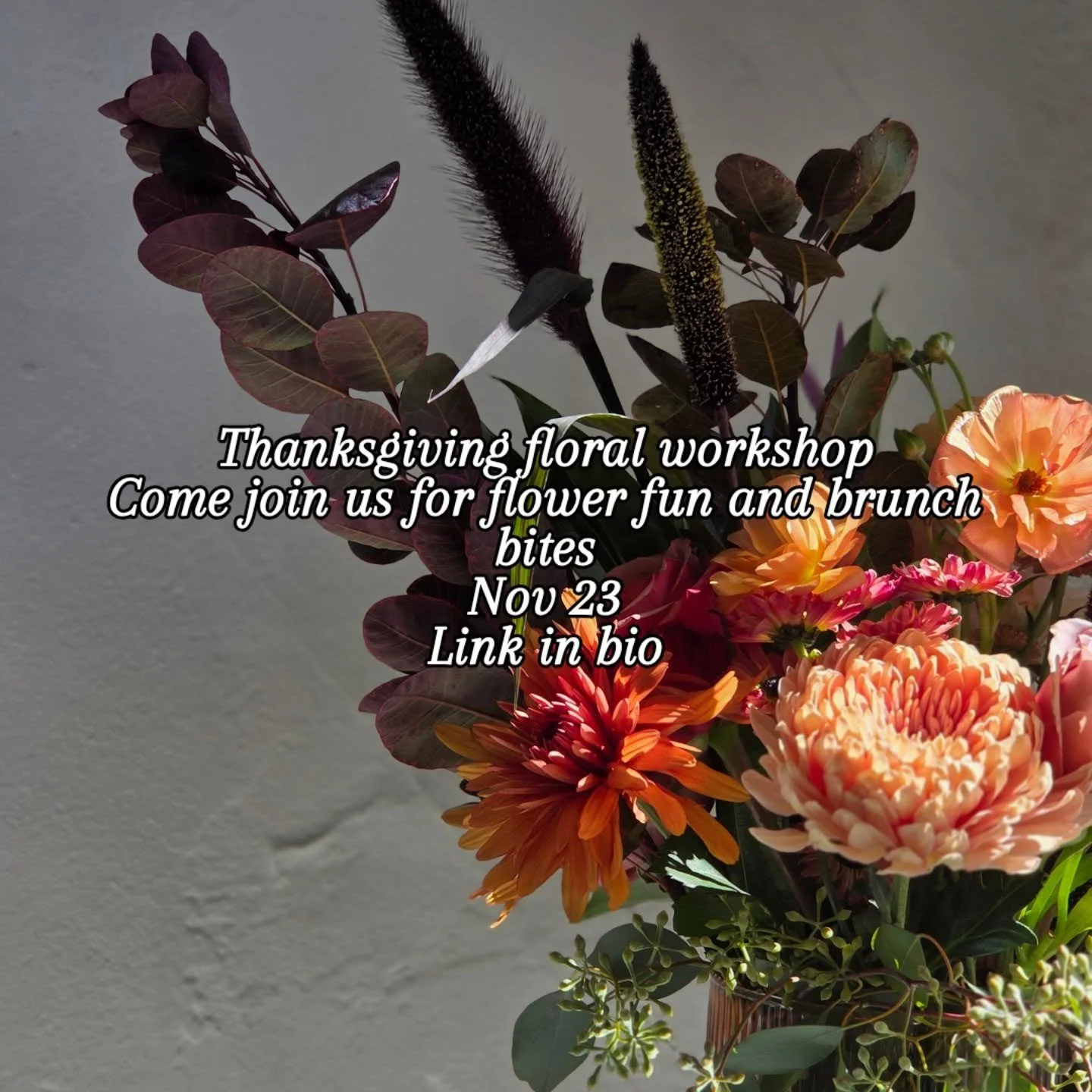 The weather is cooling down,  and that means fall flowers!  Join us for our Thanksgiving floral workshop where you'll learn to create something pretty and have plenty of bloom to choose from.  Brunch bites from @gracebespokedesserts too!
Link in bio