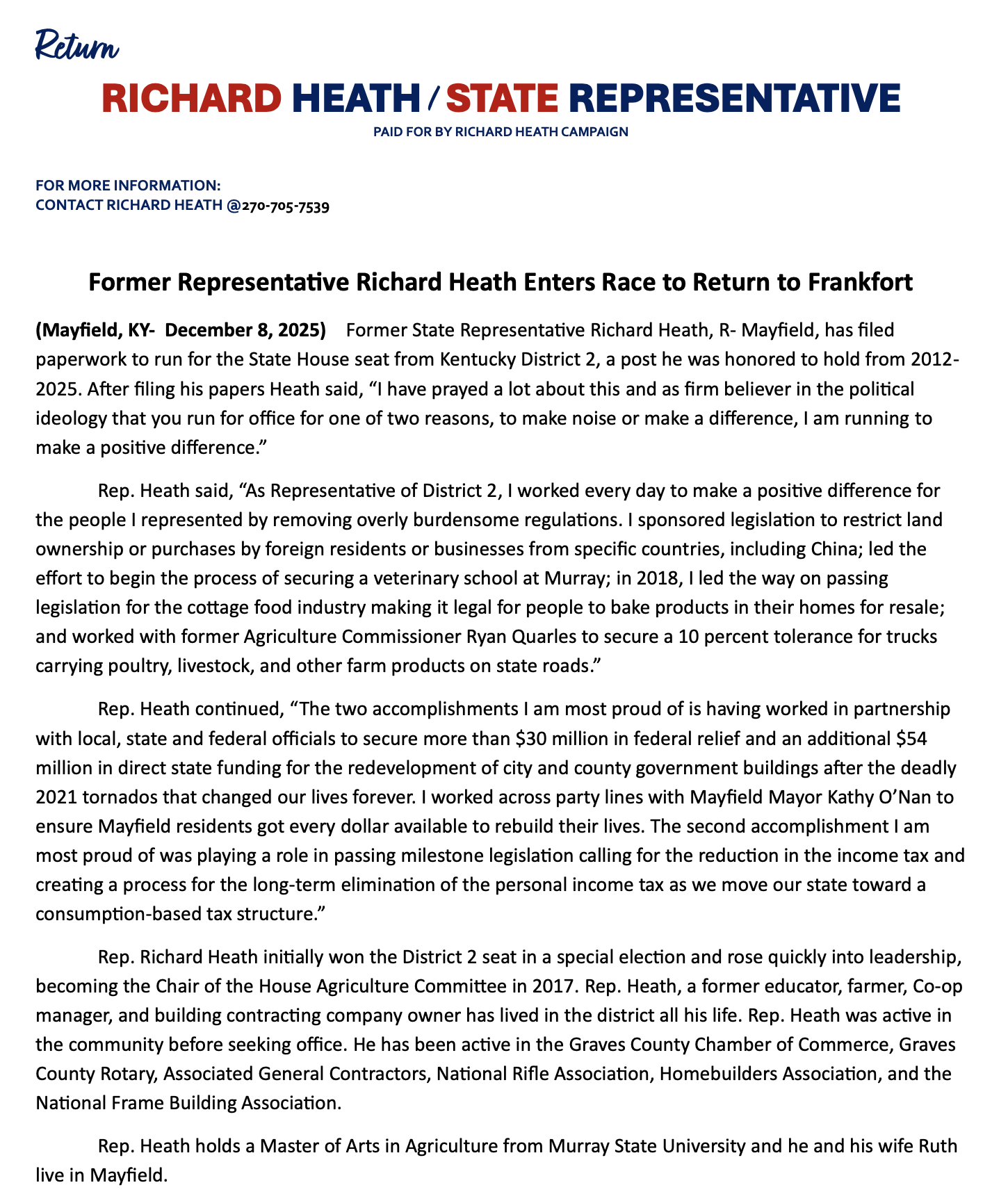 A campaign flyer for Richard Heath, a State Representative candidate, featuring his name in large red and blue text, with detailed information about his background, accomplishments, and contact info.
