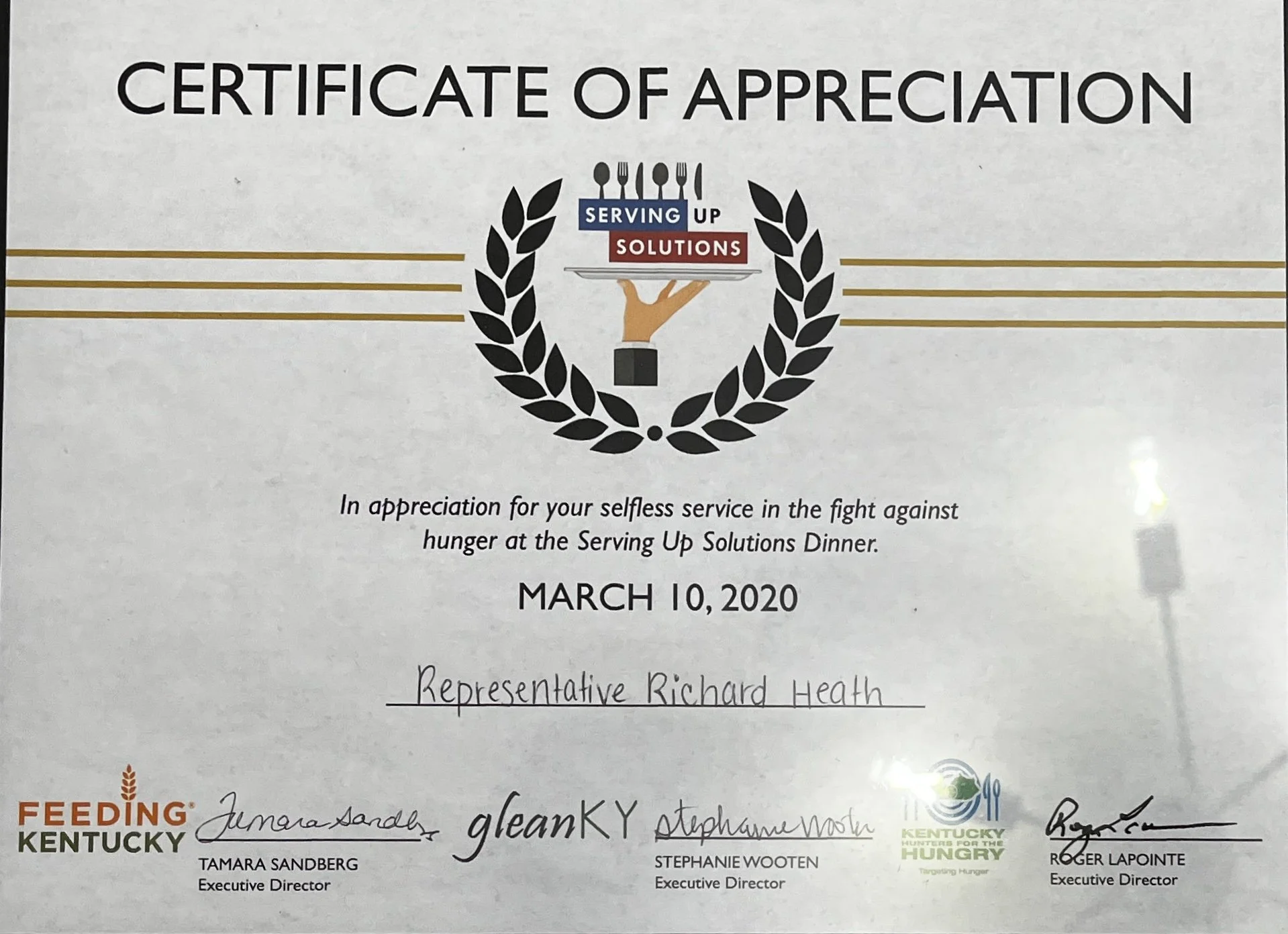 Serving Up Foundation - Certificate of Appreciation