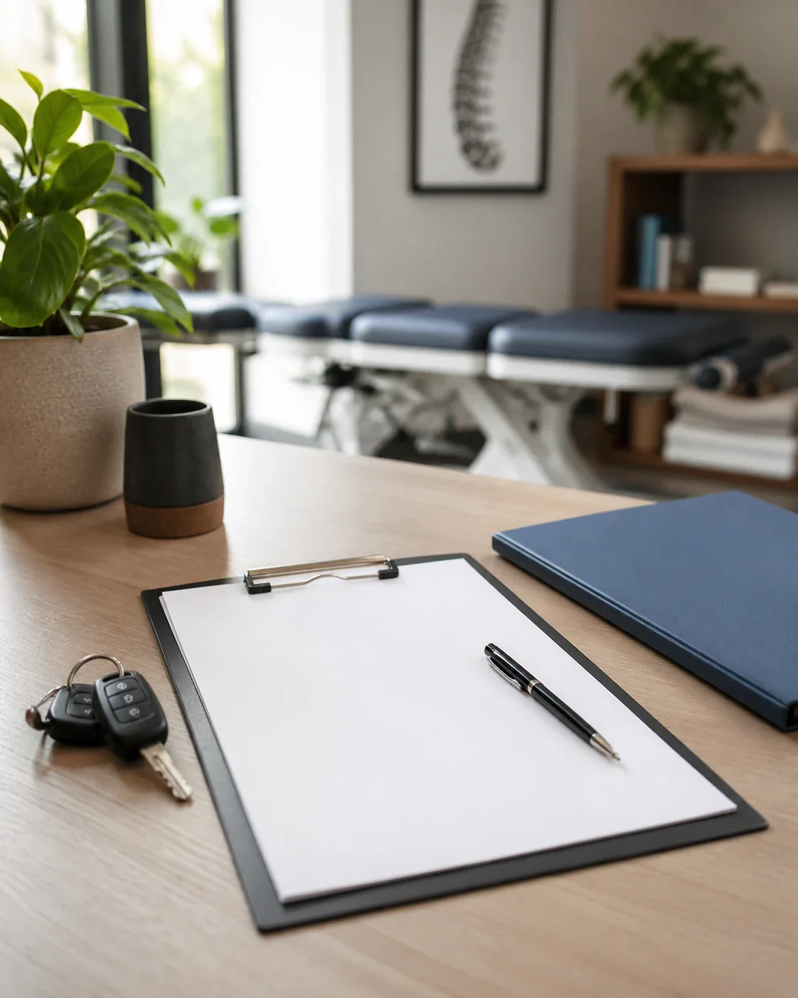 Car keys and automobile insurance claim paperwork in a chiropractic treatment office