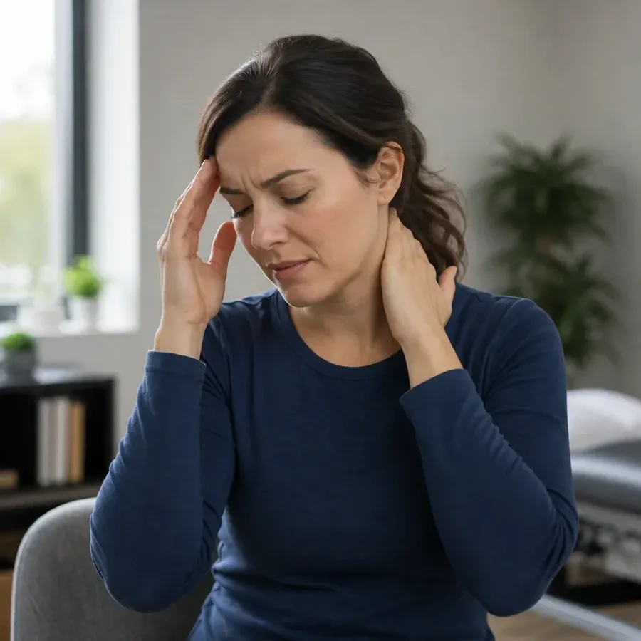 Woman experiencing headache and neck discomfort at chiropractor monroeville