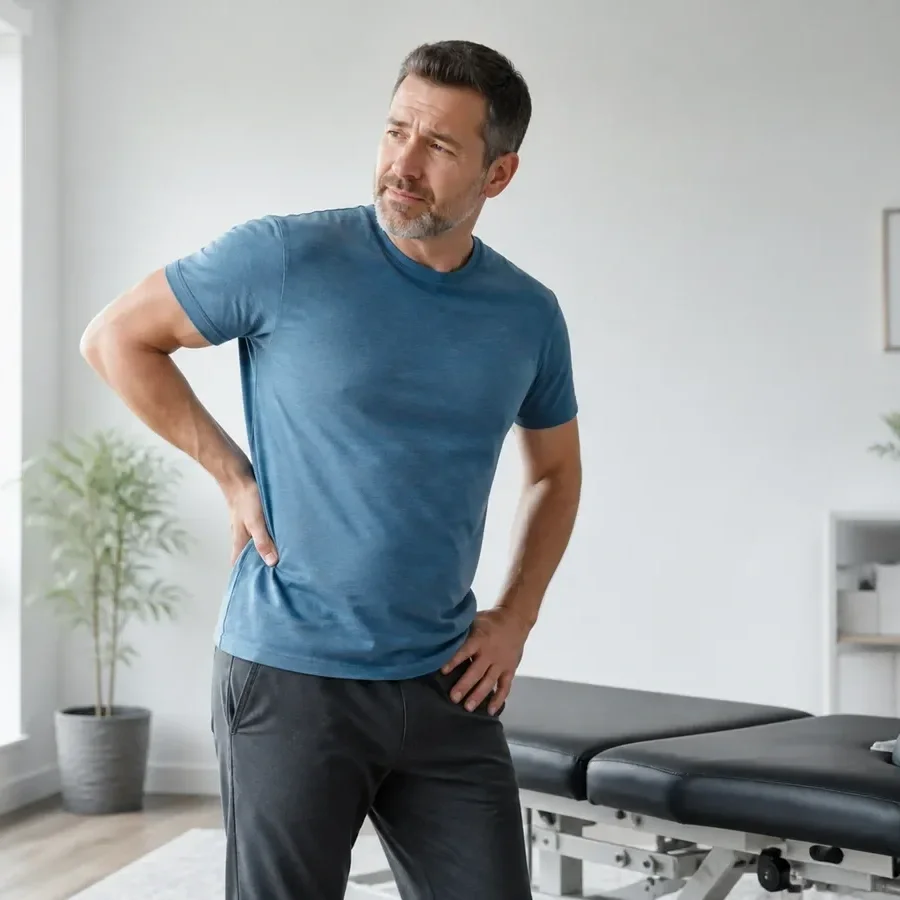 Man holding his hip and lower back near a treatment table waiting for chiropractor in monroeville