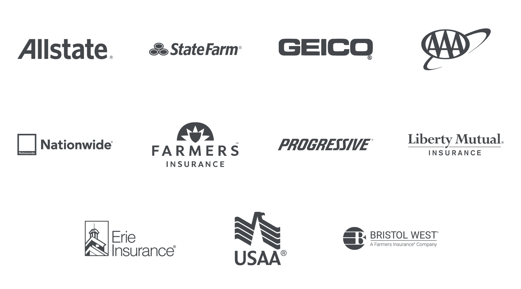 Auto insurance carriers handled by Fishman Chiropractic & Massage, including Allstate, State Farm, GEICO, AAA, Nationwide, Farmers, Progressive, Liberty Mutual, Erie, USAA, and Bristol West