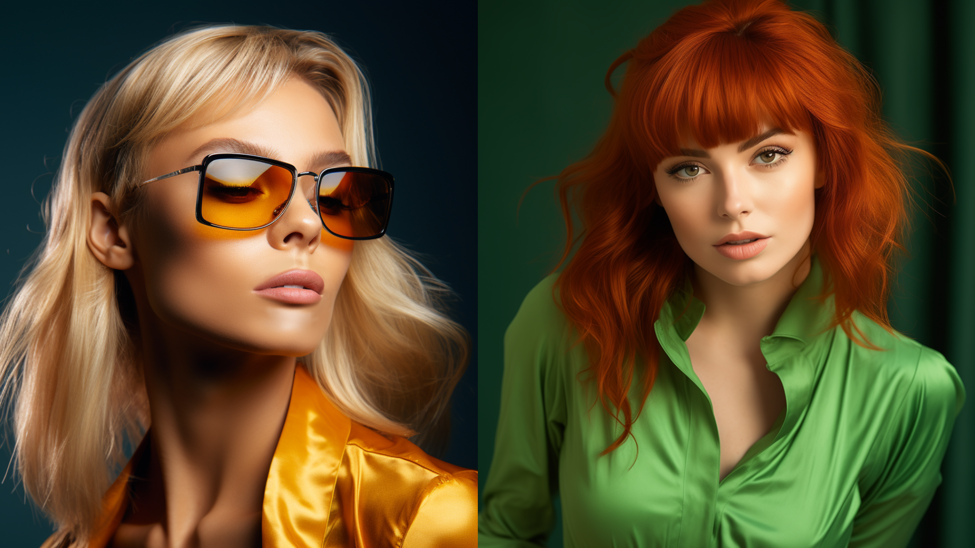 character creation with Midjourney. Two women side by side. One is a blonde, the other has fiery red hair.