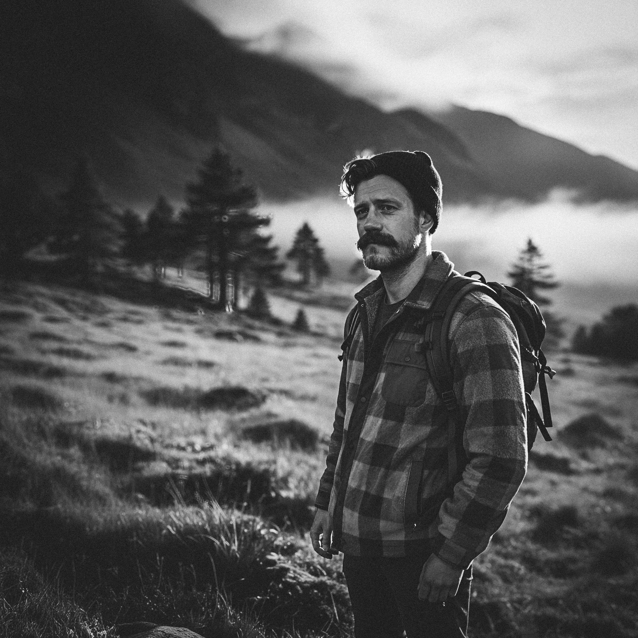 Black and white photograph of a man with a beard and mustache in outdoor mountainous landscape, wearing a plaid shirt and beanie, with a backpack, looking at the camera.