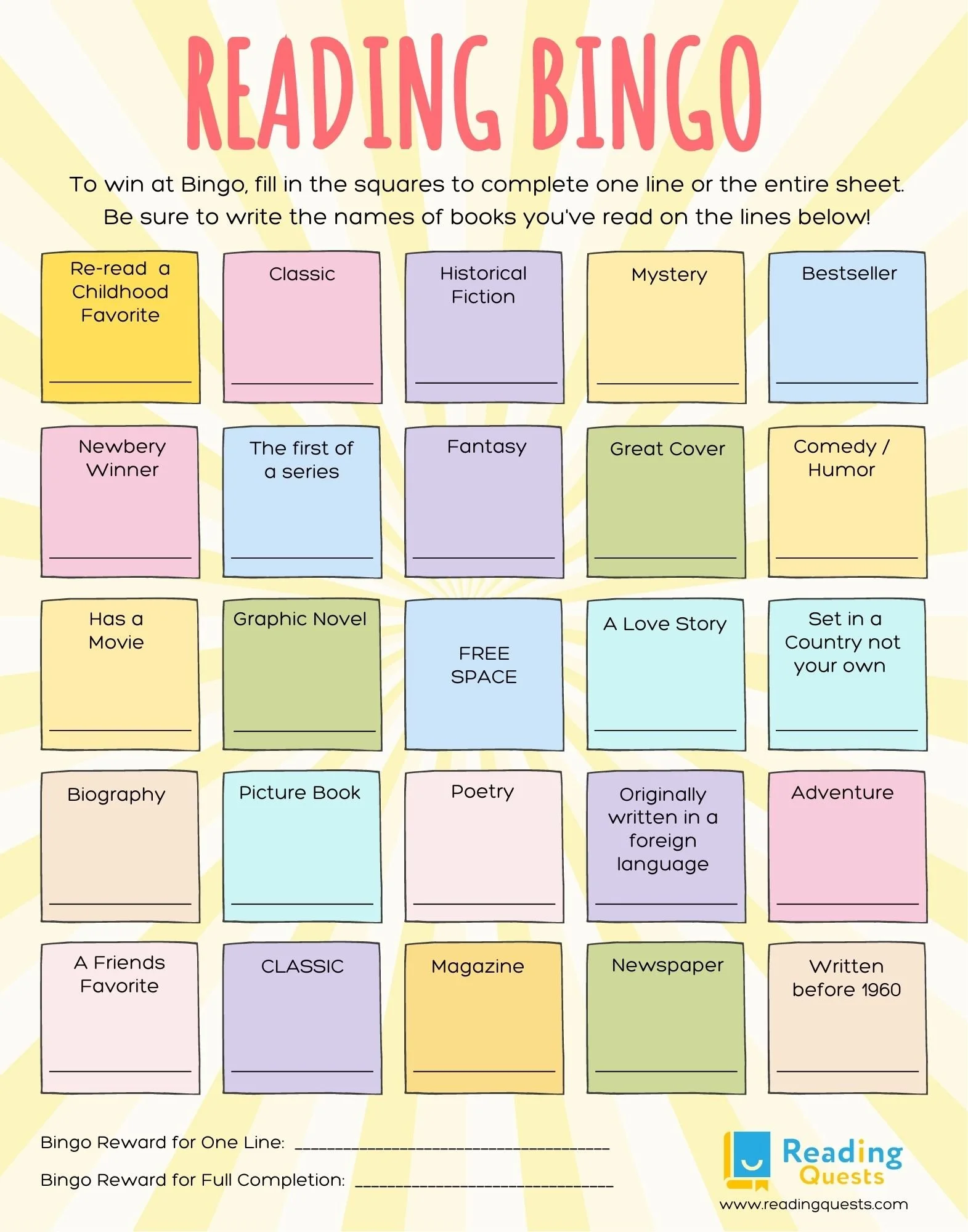 Reading Bingo Game for Kids - Free Instant Download _ Reading Quests