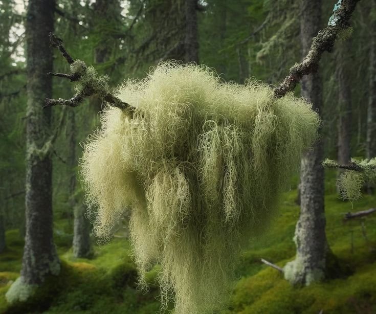 A moss-covered branch hanging with Spanish moss in a forest with tall trees and green moss on the ground.