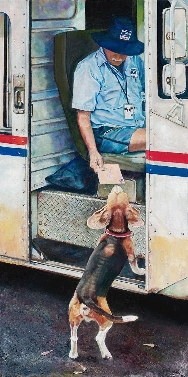 SPECIAL DELIVERY,
48" x 24",
Oil on canvas,
Available......To inquire please contact Emily at emily@galleryatbowiehouse.com