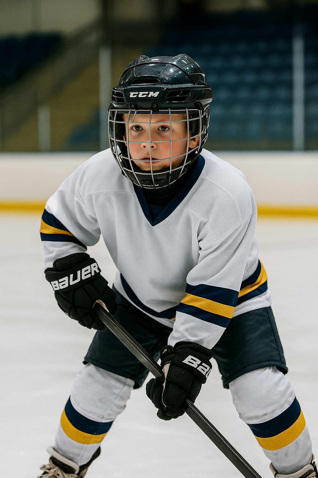 Ung pojke i ishockeyutrustning på isen, redo att spela.