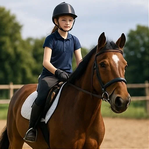 En flicka rider på en häst i ett ridhus, bär hjälm och ridkläder.