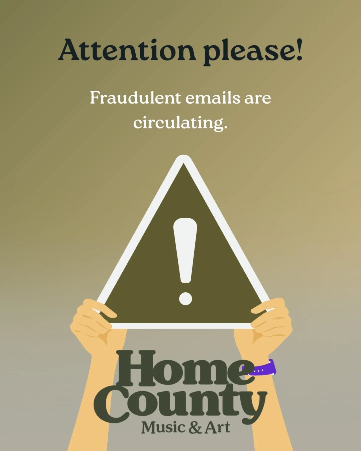 A quick heads up from Home County ⚠️

 We&rsquo;ve become aware of a fraudulent email circulating that claims to represent Home County Music &amp; Art Festival.

 Official Home County communication will always come from an @homecounty.ca email addres