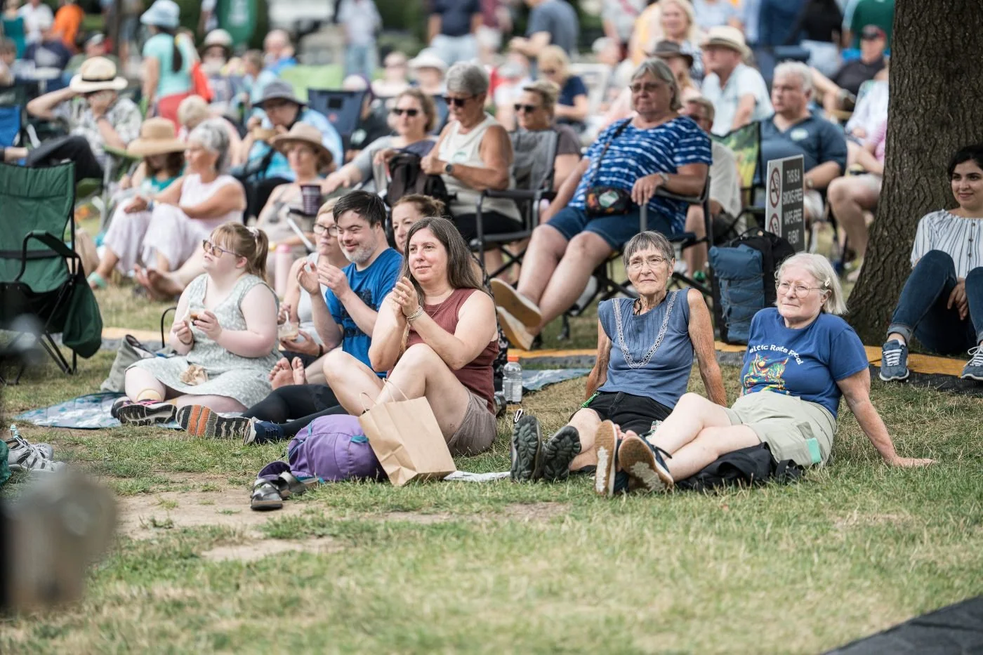 Festival crowd watching live stage performance at Home County Music & Art Festival in London, Ontario surrounded by summer greenery