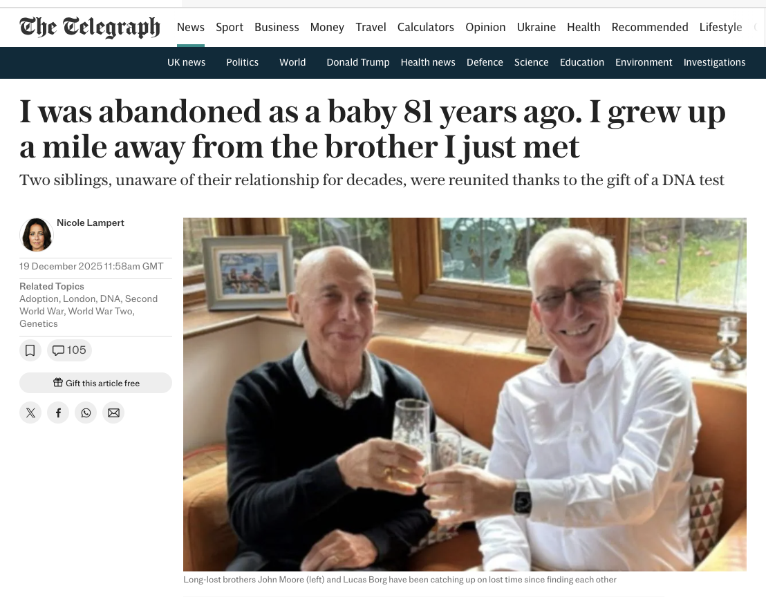 A Christmas Reunion After 81 Years Apart PR Story in The Telegraph