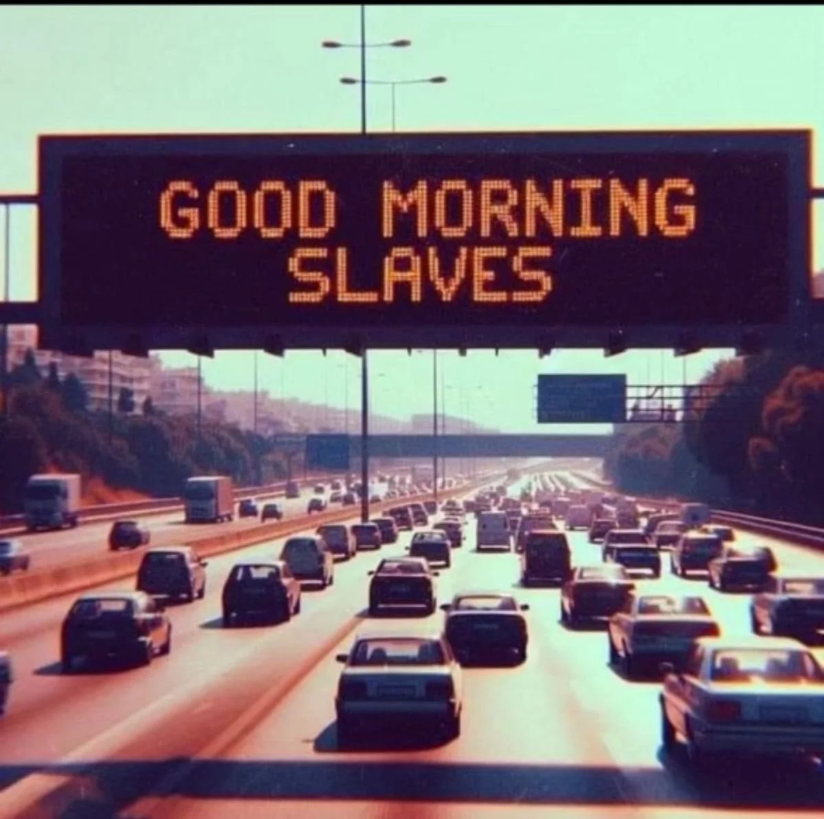 Digital highway sign displaying 'Good Morning Slaves' over a busy highway with multiple cars.