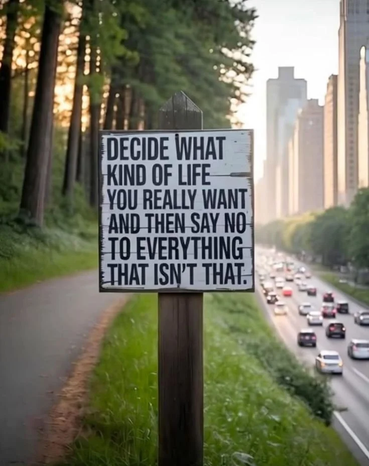 A sign on a grassy area beside a walking trail with tall trees and a city skyline with high-rise buildings behind it. The sign reads: 'Decide what kind of life you really want and then say no to everything that isn't that.'