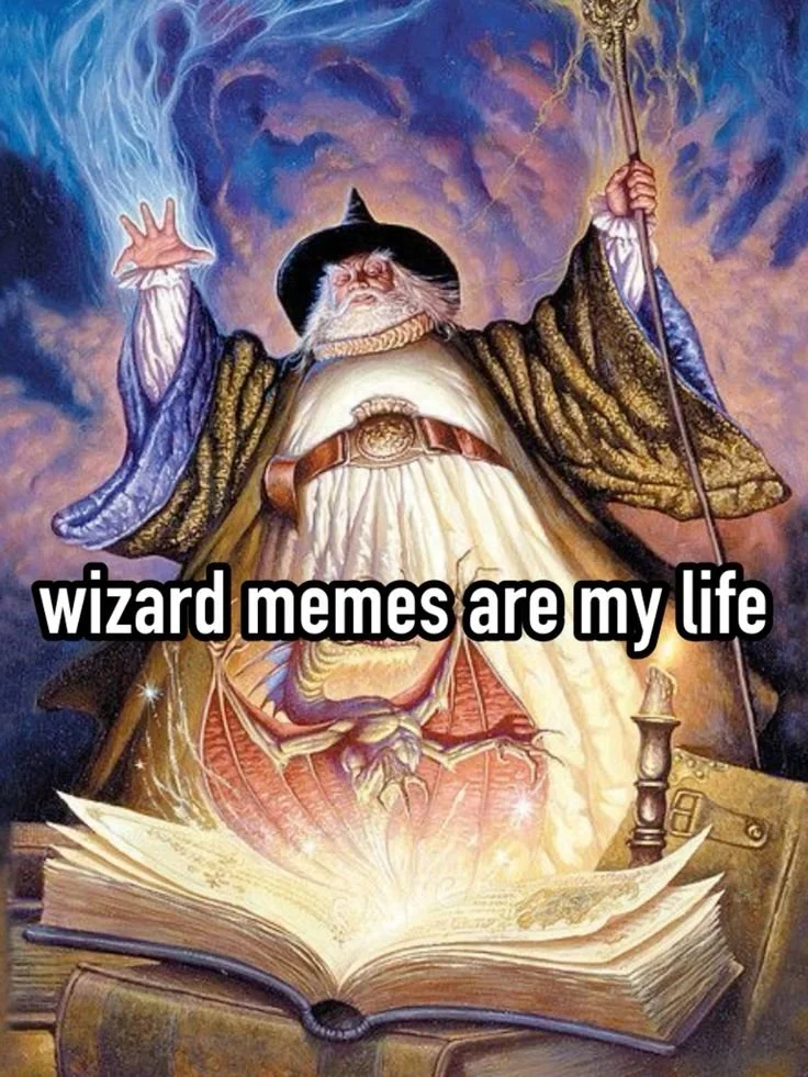 A wizard with a long white beard and a pointed hat casting a spell with one hand, holding a staff with the other, standing behind a large open spellbook with glowing pages, surrounded by a mystical purple and blue swirling background.