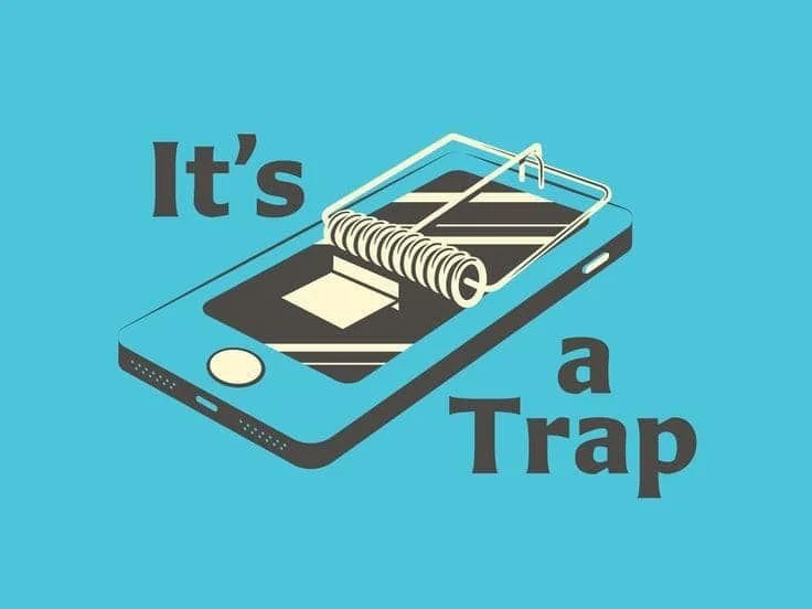 Illustration of a smartphone with a mouse trap on top, featuring a spring and a string, with the text "It's a Trap" next to it.