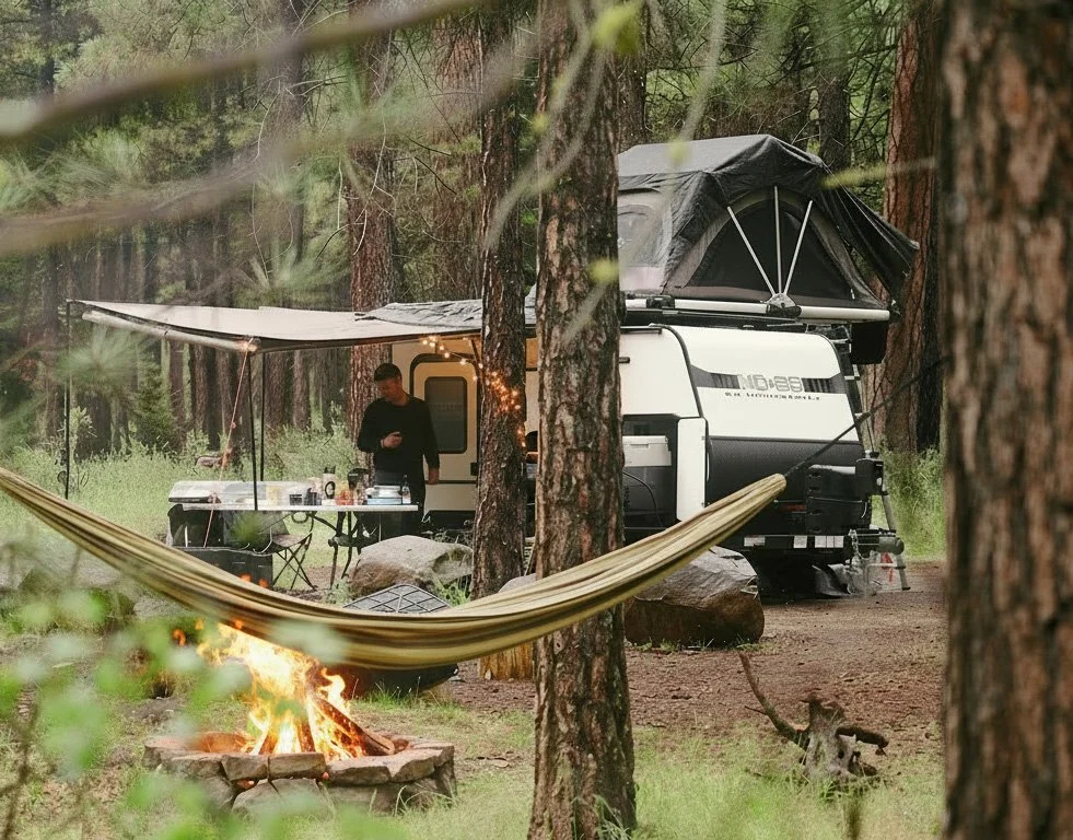 A camping scene in a wooded forest with a camper trailer, a fire pit with burning fire, a hammock, a table with camping gear, and a person standing nearby at twilight.