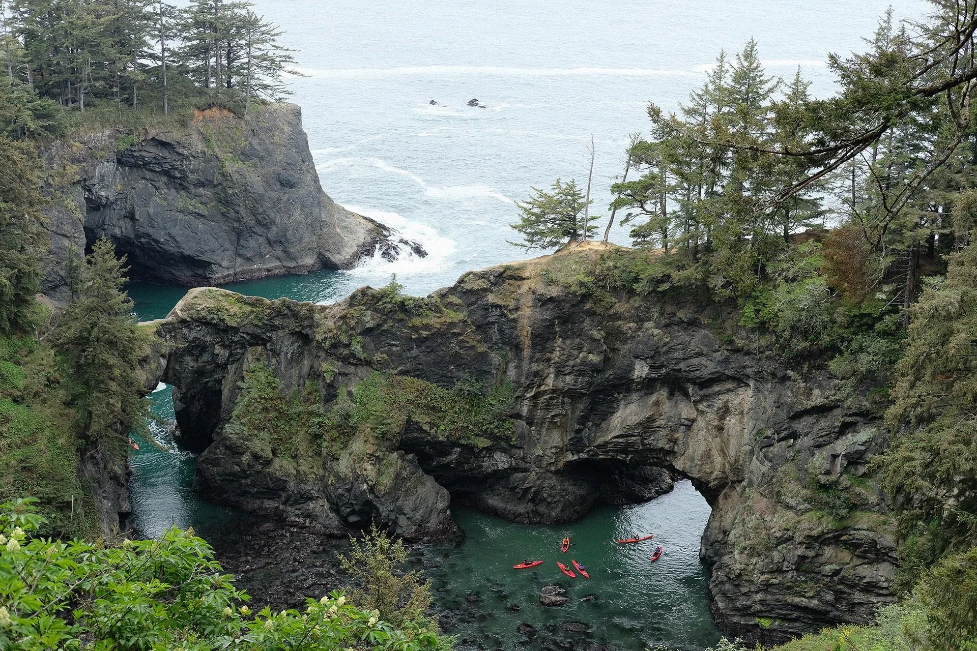 A natural water arch with boats passing underneath, surrounded by evergreen trees and rocky cliffs along a coastal shoreline.