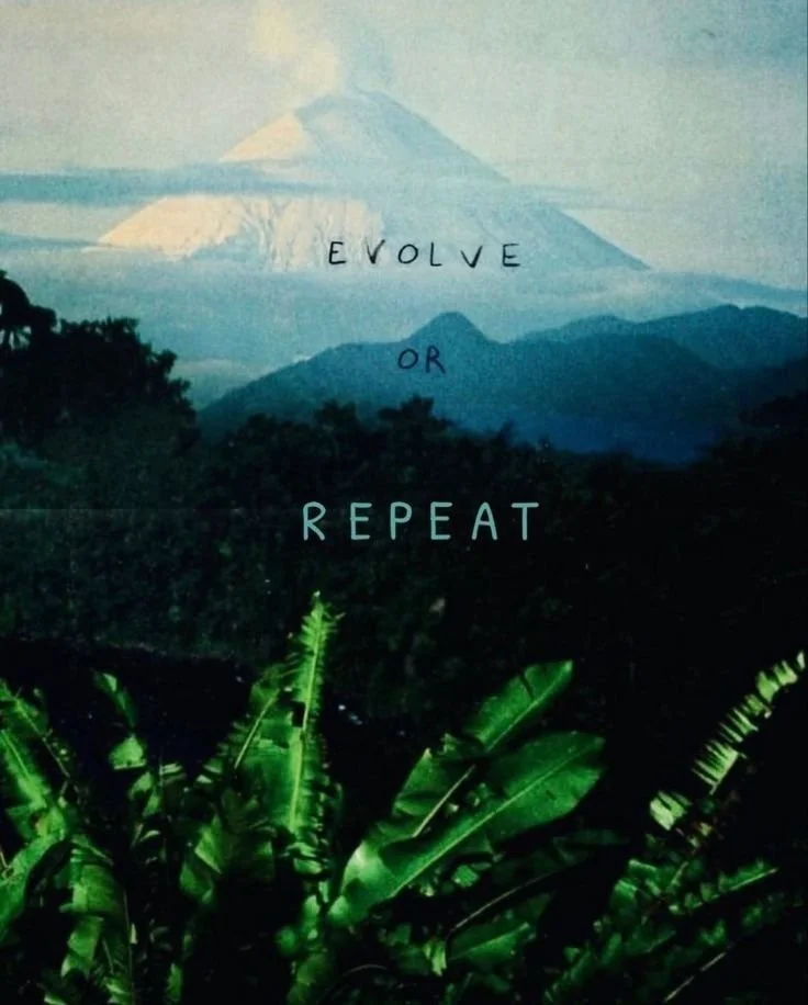 Mountain landscape with lush green foliage in foreground and a mountain with snow in the background. Text overlay reads "Evolve or Repeat."