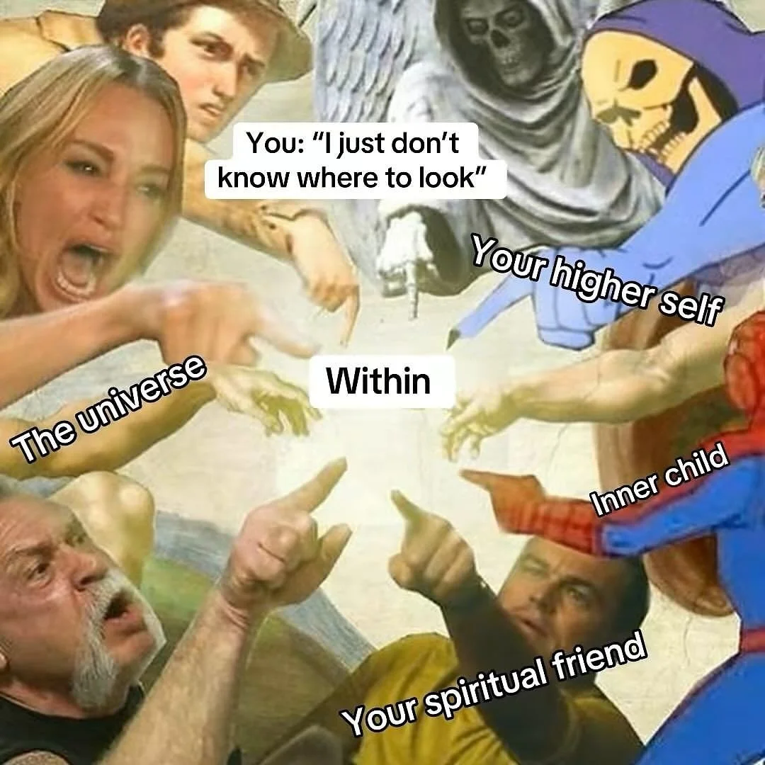 A distorted and humorous collage of people and fictional characters with labels and speech bubbles, depicting inner thoughts and spiritual themes.