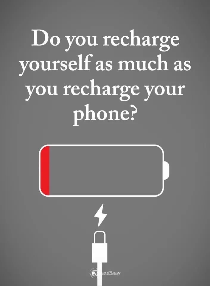 Question asking if people recharge themselves as much as they recharge their phones, with a nearly empty phone battery and a charging cable below.
