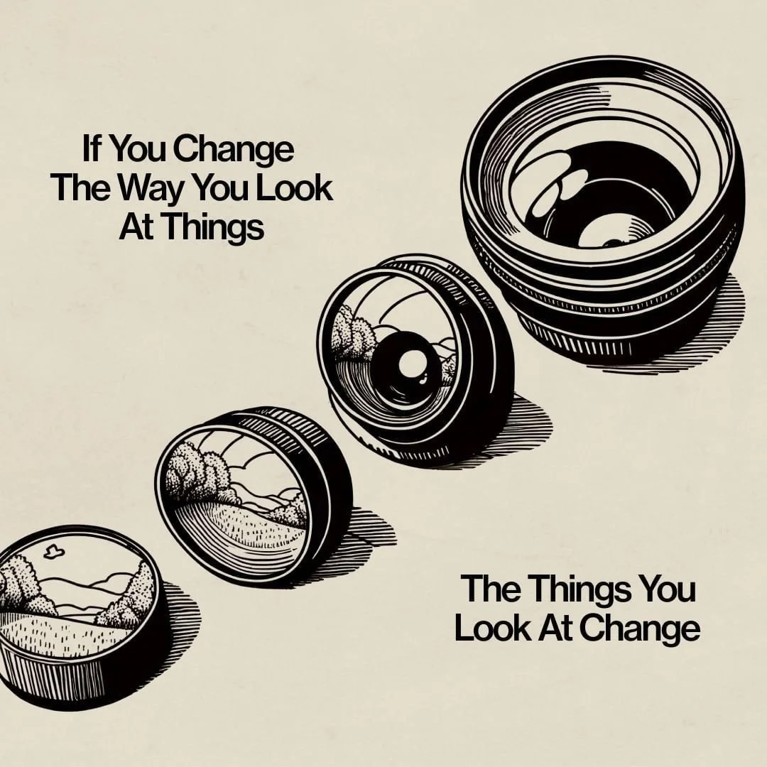 A series of four black and white illustrations of lenses, arranged from smallest to largest, with a quote that says, "If You Change The Way You Look At Things, The Things You Look At Change."