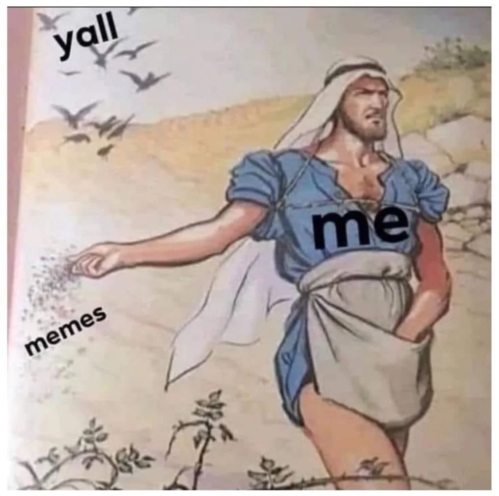 A drawing of a man in traditional Middle Eastern clothing with the word "me" on him, spraying birds labeled "yall" and "memes" away, with the word 'yall' above the birds.