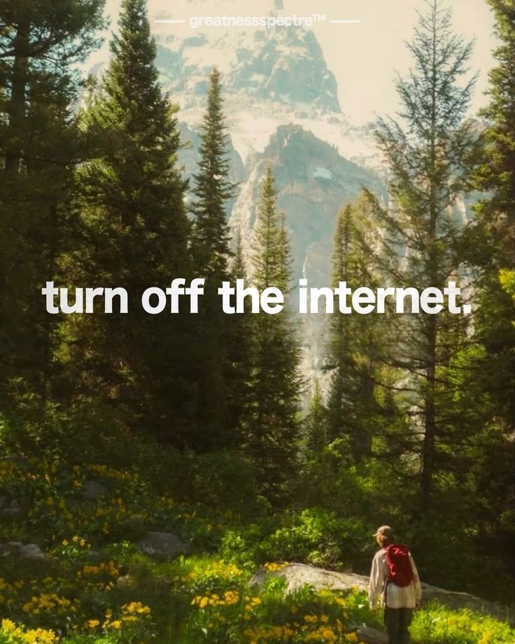 A person with a backpack hiking in a lush green forest with tall trees and mountains in the background, with the text 'turn off the internet' overlaid.