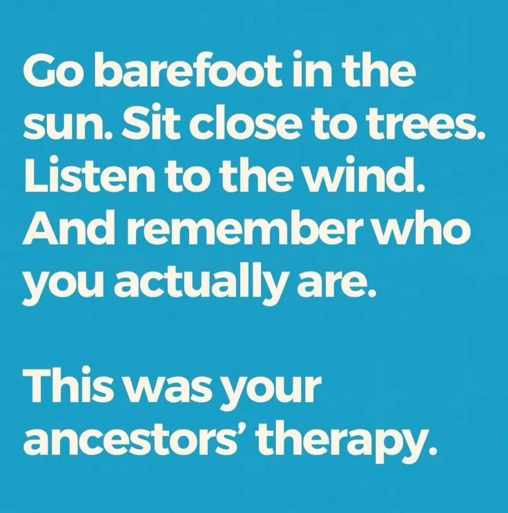 Inspirational quote on a blue background emphasizing connecting with nature to ground oneself. Text reads: 'Go barefoot in the sun. Sit close to trees. Listen to the wind. And remember who you actually are. This was your ancestors' therapy.'