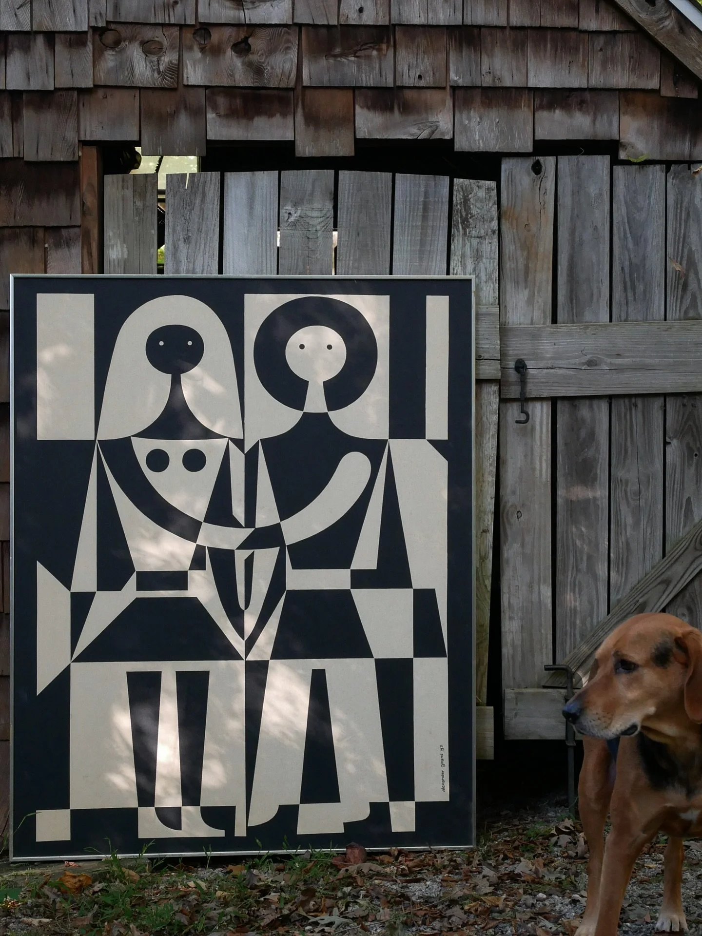 SOLD ~ Massive ‘Two Lovers’ Panel by Alexander Girard, 1971 
Massive neutral geometric silkscreen artwork in a chrome frame. Designed by Alexander Girard and a part of the Environmental Enrichment Panels series. Girard was the director o