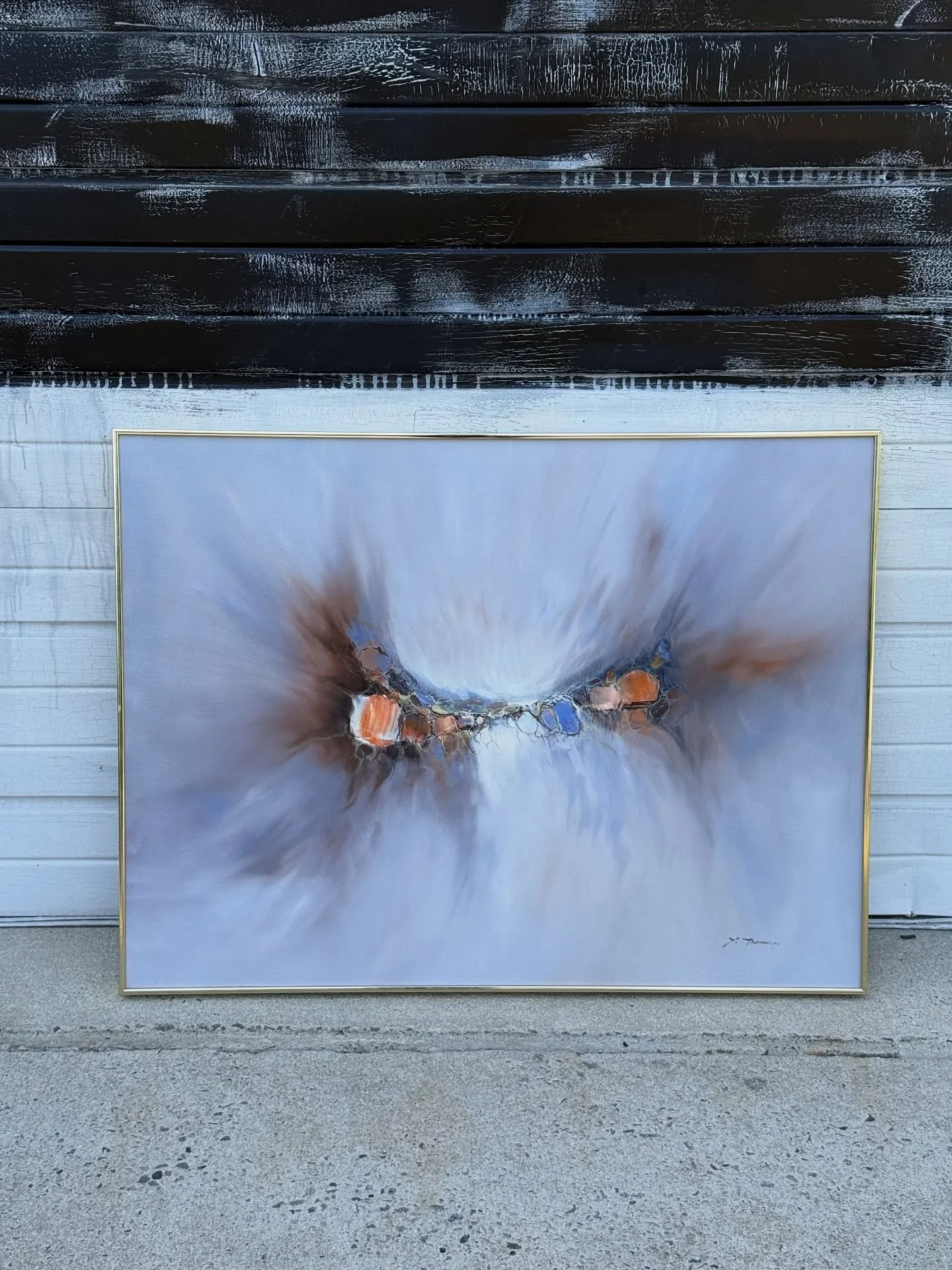 AVAILABLE ~ Vintage abstract painting, framed in gold and signed Y. Thomas
This is a piece from our personal collection that we have decided to finally part with due to lack of space (the joys of being a dealer). The colors in this piece are absolut