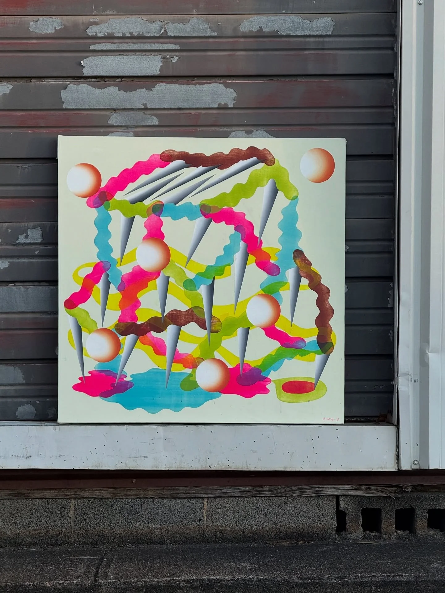 Loose Chipper by local artist @mike_gearyart 

Acrylic on canvas, unframed 
&bull;
An abstract piece with shapes accenting an off-white background. The shapes take different forms: orange spherical gradient orbs, grey long spikes, and squiggly lines 