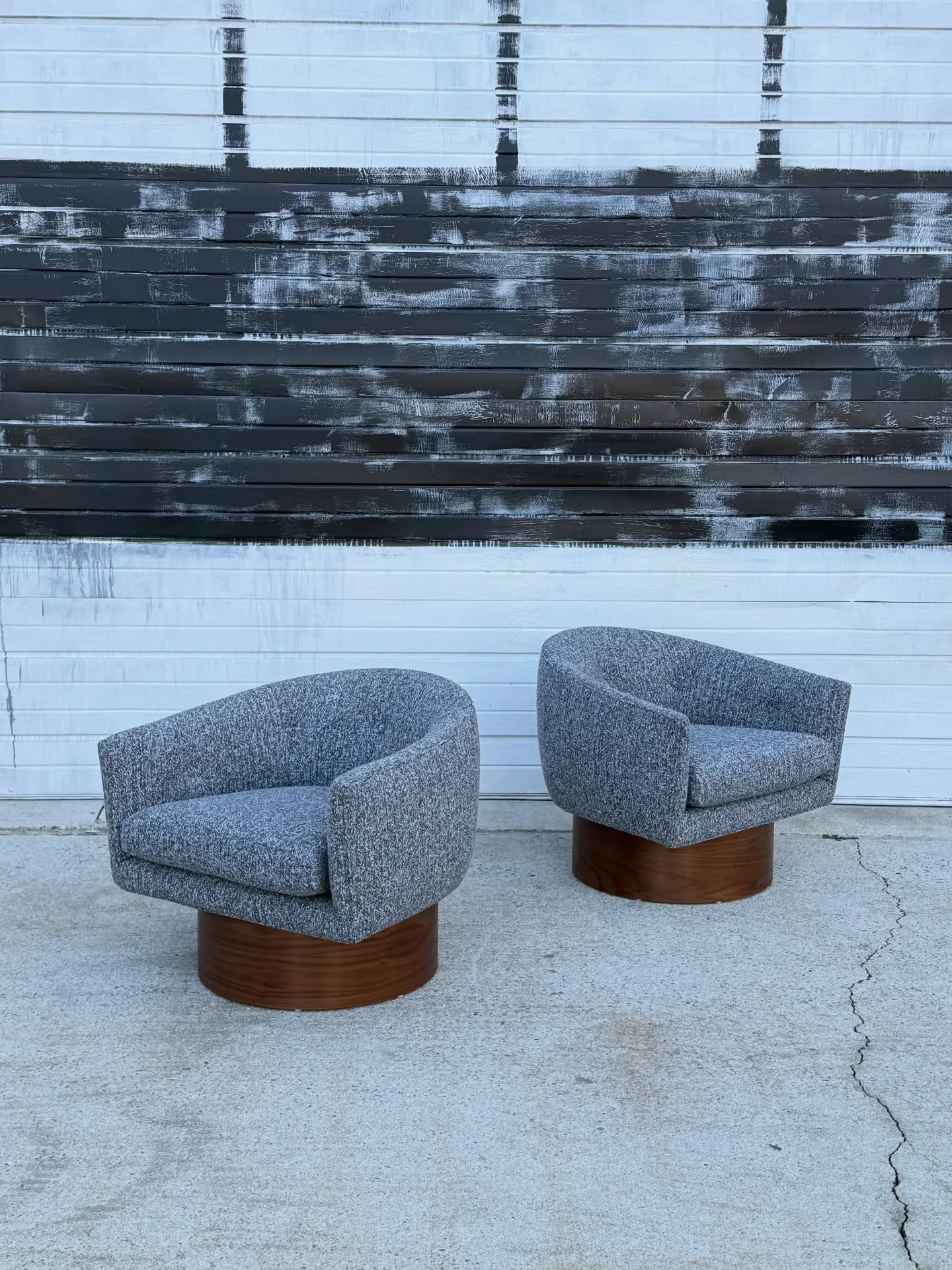 Swipe for before 👉👉👉

SOLD ~ Massive transformation for this pair of Milo Baughman swivel lounges. Started as a project pair and fabric was chosen by the client. If you haven&rsquo;t checked out our project listings online, now is the time. 
&bull