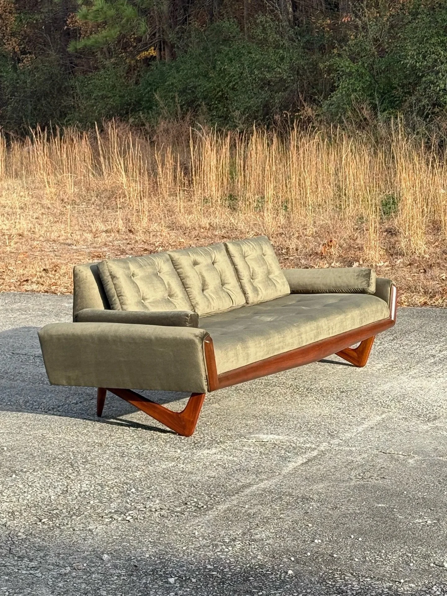 AVAILABLE ~ Mid-century &lsquo;Gondola&rsquo; sofa by Adrian Pearsall for Craft Associates, circa 1960s 

Iconic mid-century design with walnut accents.Long profile sofa sitting atop sculpted walnut legs. The front legs are triangular in shape and th