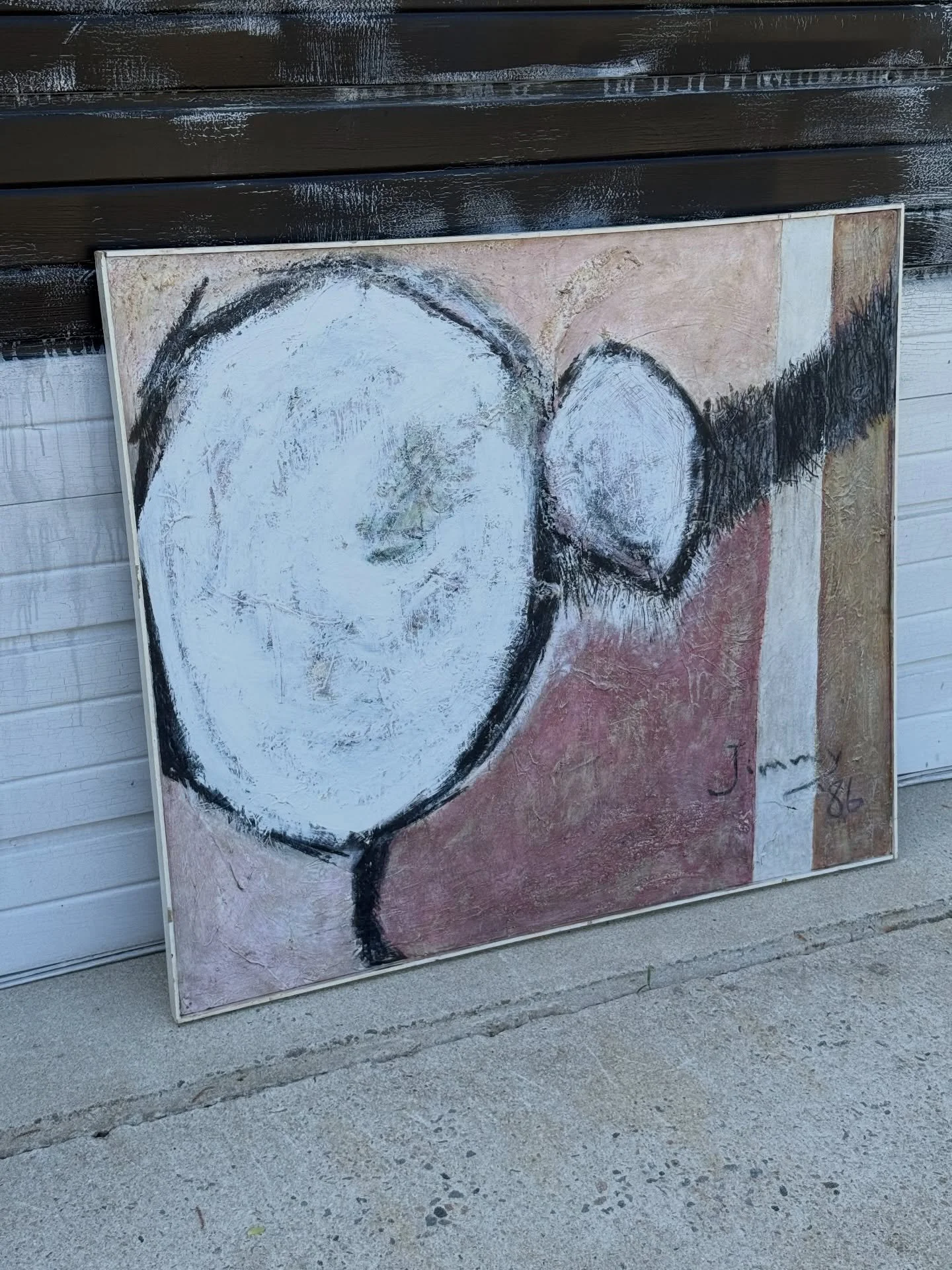 AVAILABLE ~ Large vintage abstract artwork signed Jimmy &lsquo;86. 

The focal point are the two round spherical elements with off-white coloration and outlined in black. The rest of the piece showcases earthy warm tones. Sections of light pink, rust