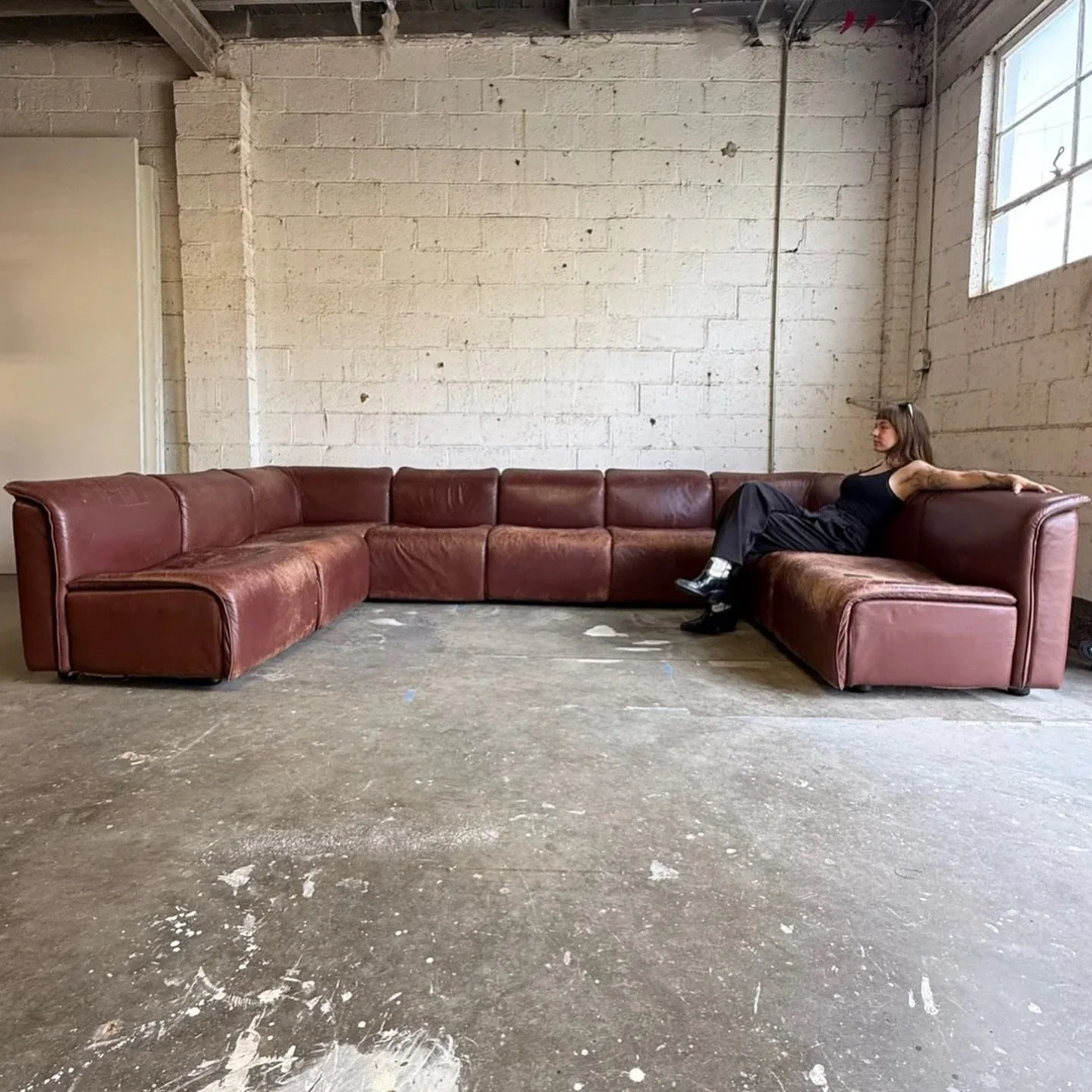 AVAILABLE ~ Mid-century large modular &lsquo;Hochbarett&rsquo; sofa. This sofa was produced by Karl Wittman for Wittman M&ouml;belwerkst&auml;tten, made in Austria circa 1970s. There are nine total pieces, seven straight sections and two corner secti