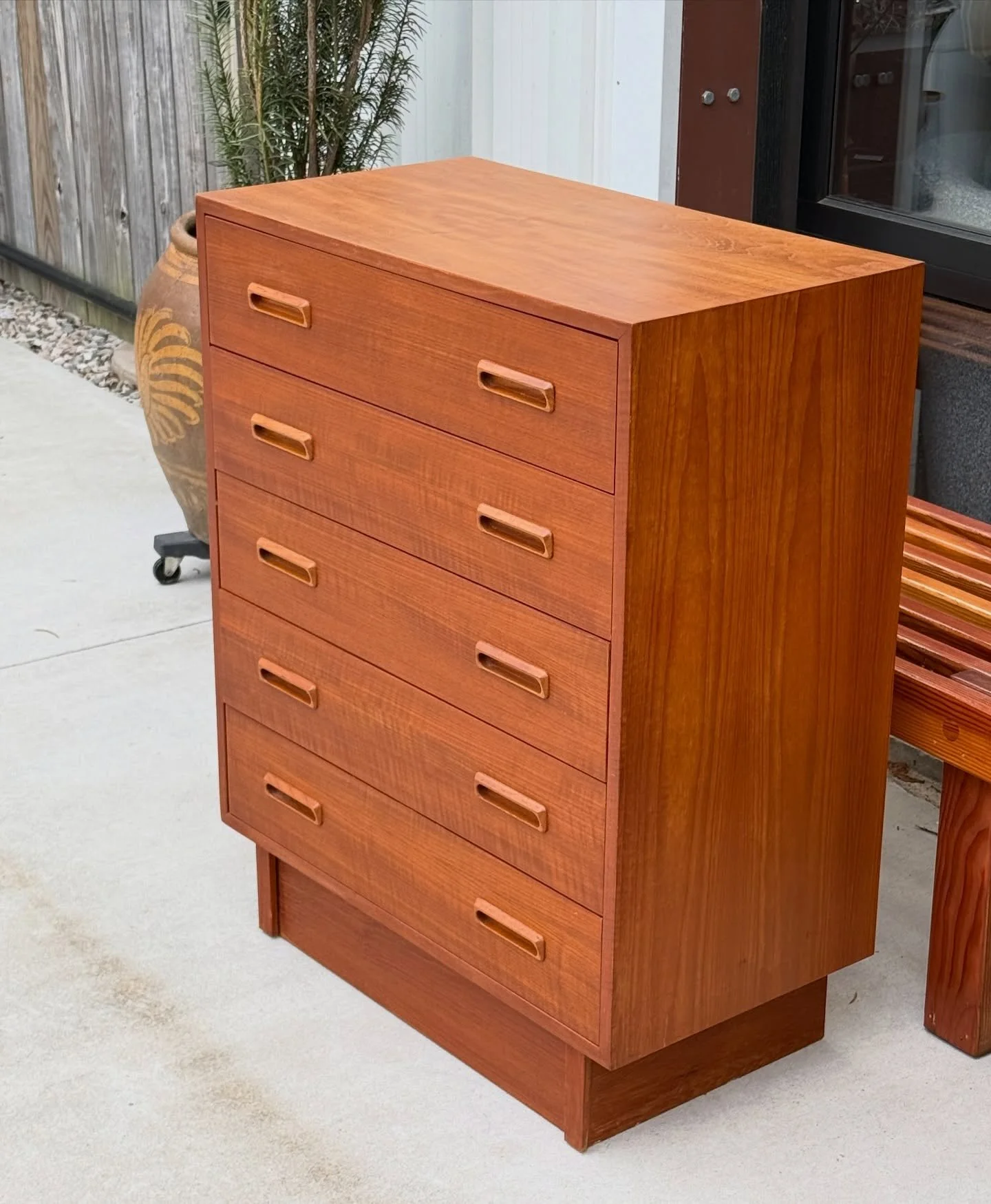 SOLD~ Petite danish teak tall dresser.  Perfect side with smooth drawers.  Refinished top on a sturdy plinth base.  Looking for a dresser?  We&rsquo;ve got plenty available currently in store or online at KEELANDCOMPANY.COM