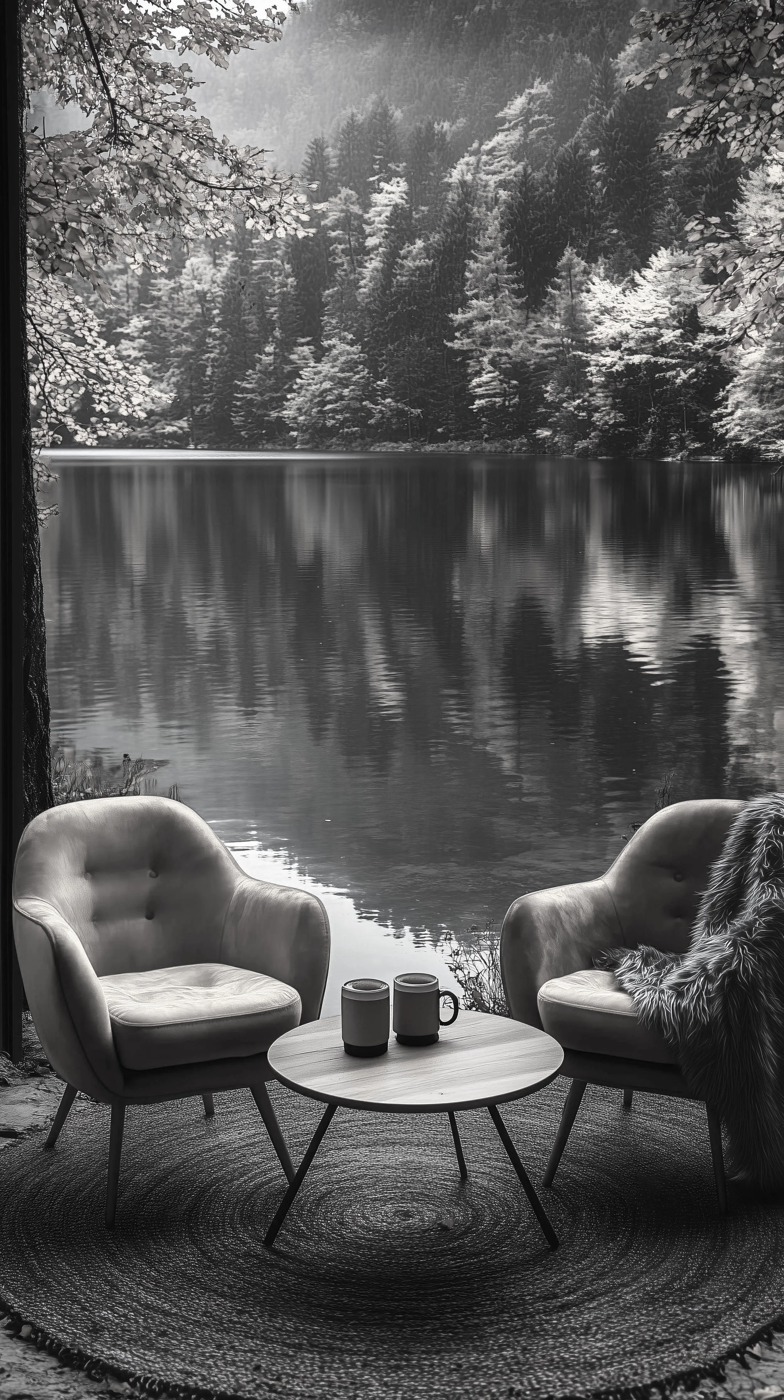Schwarz-weiß-Foto eines Wohnzimmers mit Blick auf einen See und einen bewaldeten Hügel im Hintergrund. Im Vordergrund befindet sich eine runde Kaffeetisch mit zwei Kaffeetassen und zwei bequemen Sesseln. An einer Sesselseite liegt ein Faux-Fell-Deckenstück.