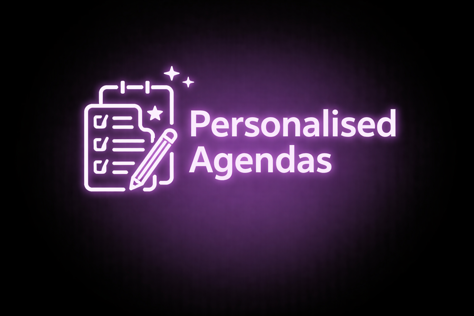 Neon sign reading 'Personalised Agendas' with a checklist icon and a pencil, in purple on a dark background.